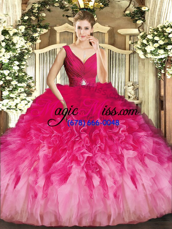 wholesale elegant multi-color ball gowns tulle v-neck sleeveless beading and ruffles floor length backless sweet 16 dress