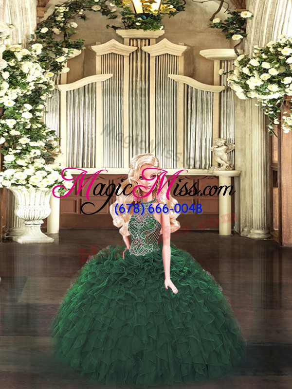wholesale halter top sleeveless ball gown prom dress floor length beading and ruffles dark green organza