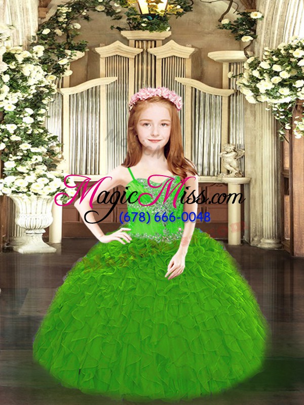 wholesale organza spaghetti straps sleeveless lace up beading and ruffles child pageant dress in green