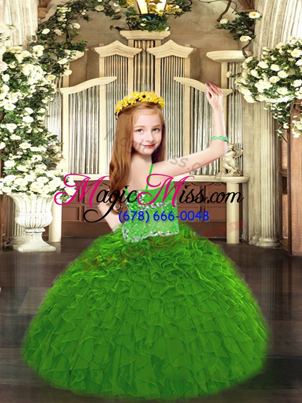 wholesale organza spaghetti straps sleeveless lace up beading and ruffles child pageant dress in green