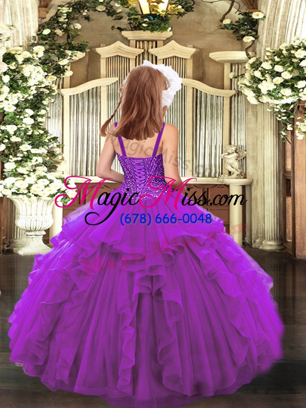 wholesale enchanting purple lace up girls pageant dresses beading and ruffles sleeveless floor length