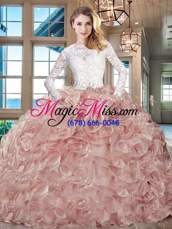 wholesale exceptional pink and white quinceanera dresses lace and fabric with rolling flowers brush train long sleeves beading and ruffles