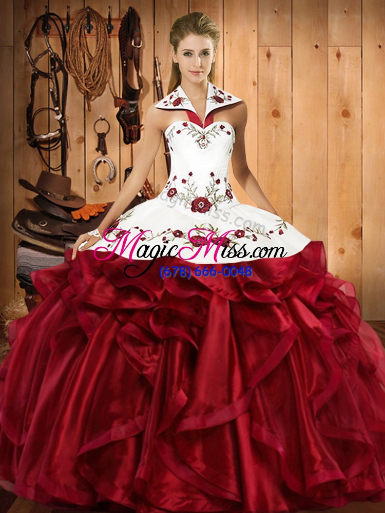 wholesale floor length lace up 15th birthday dress wine red for military ball and sweet 16 and quinceanera with embroidery and ruffles