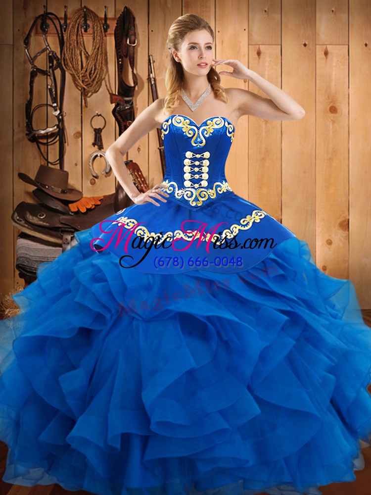 wholesale extravagant blue sleeveless satin and organza lace up quinceanera gown for military ball and sweet 16 and quinceanera