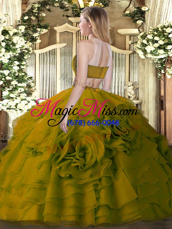 wholesale popular high-neck sleeveless quinceanera dress floor length beading and ruffled layers green tulle