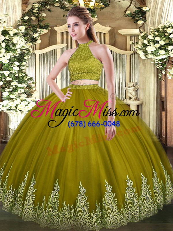 wholesale olive green sleeveless tulle backless 15th birthday dress for military ball and sweet 16 and quinceanera
