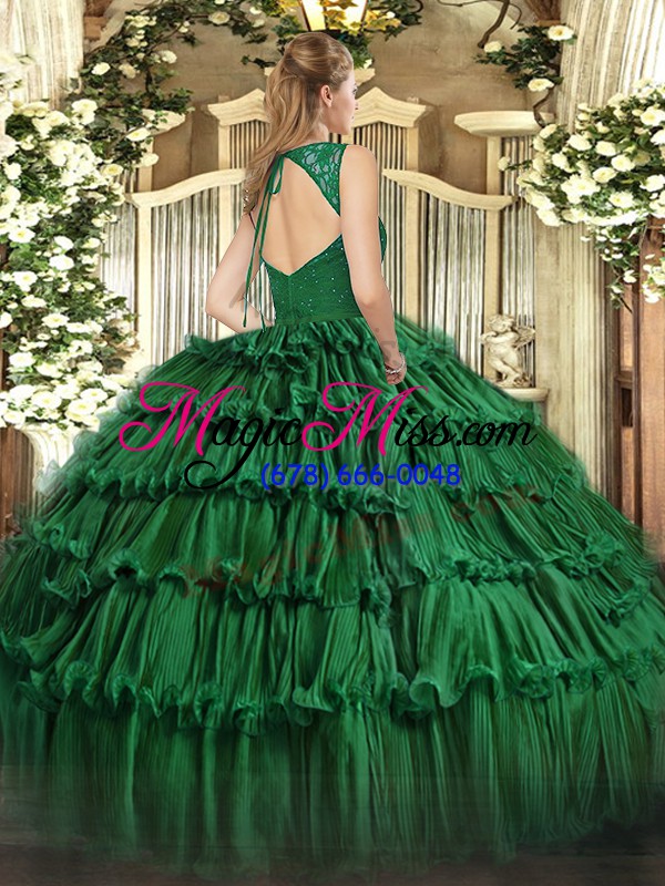 wholesale v-neck sleeveless quince ball gowns floor length beading and lace and ruffled layers olive green organza