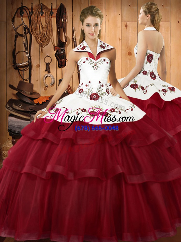 wholesale wine red two pieces embroidery and ruffled layers 15th birthday dress lace up satin and organza sleeveless with train