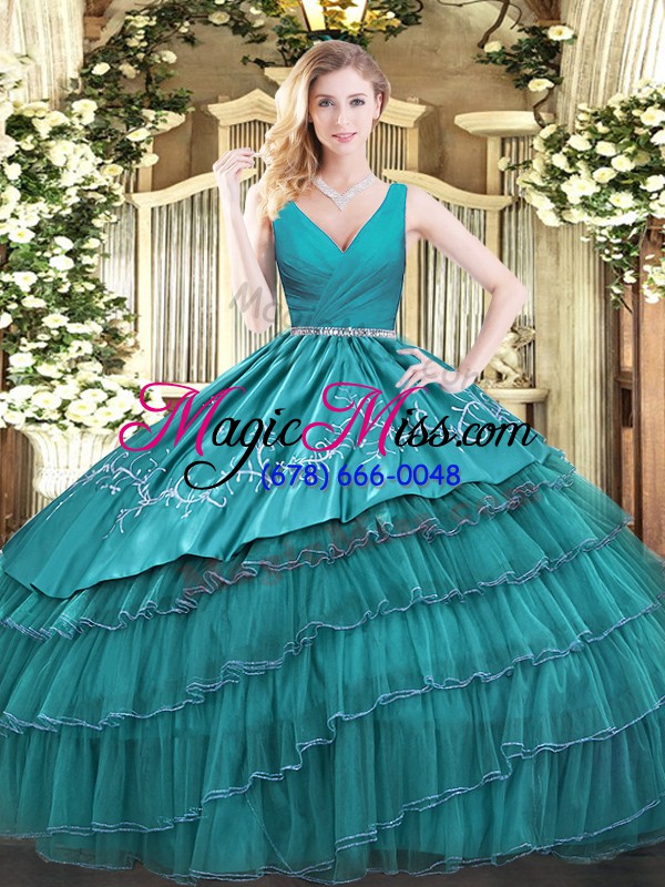 wholesale teal sweet 16 dress military ball and sweet 16 and quinceanera with embroidery and ruffled layers v-neck sleeveless zipper