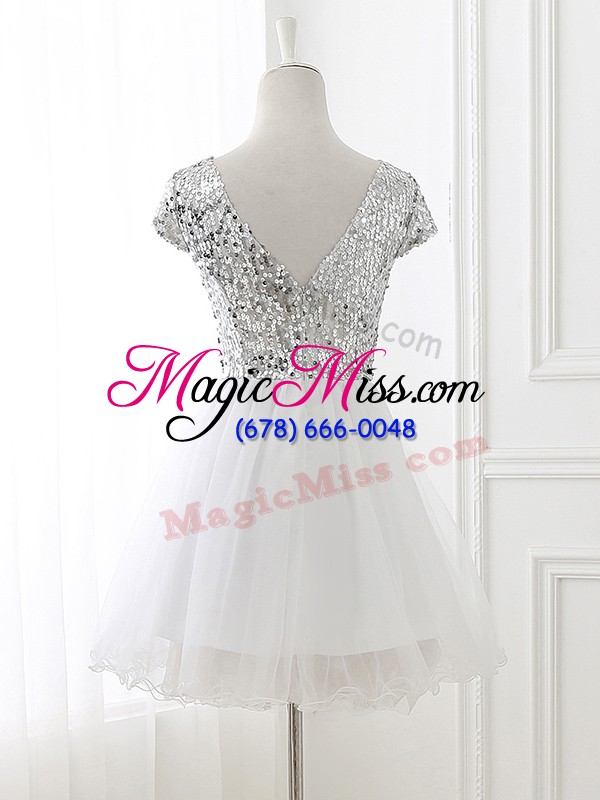 wholesale cap sleeves tulle mini length zipper wedding party dress in white with sequins