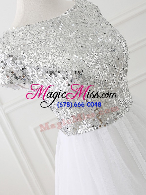 wholesale cap sleeves tulle mini length zipper wedding party dress in white with sequins