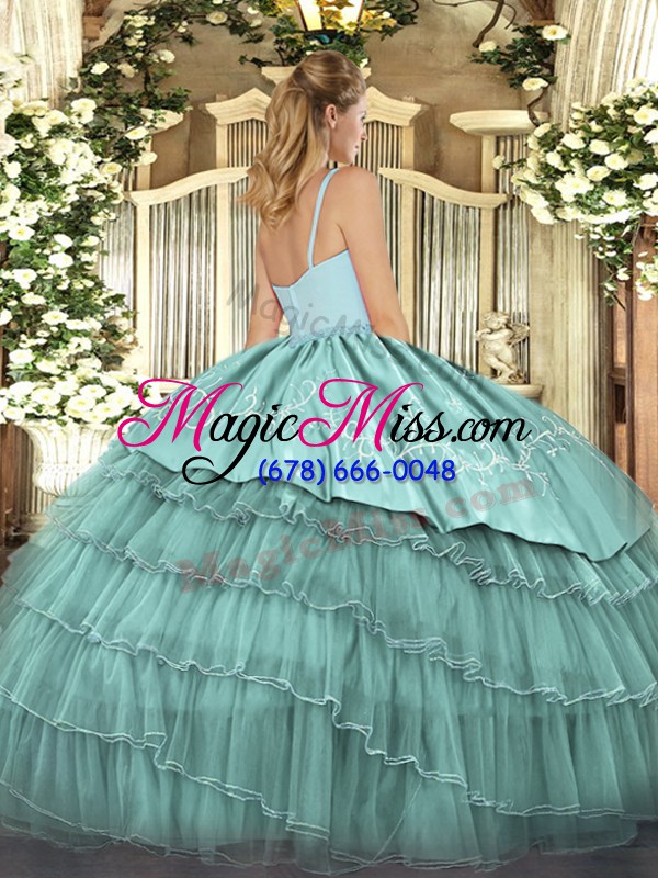 wholesale sleeveless organza floor length zipper sweet 16 dress in olive green with embroidery and ruffled layers