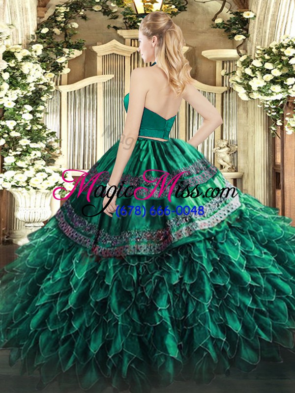 wholesale most popular sleeveless floor length appliques and ruffles zipper vestidos de quinceanera with dark green