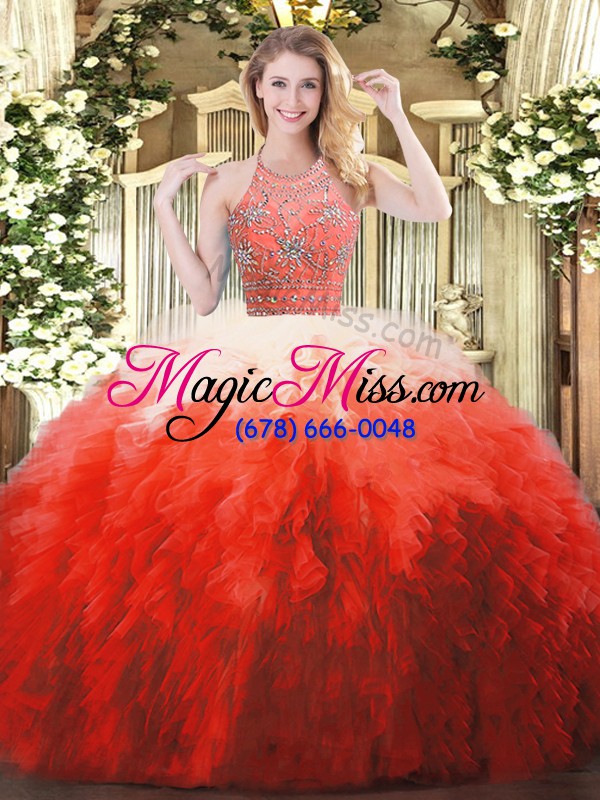 wholesale smart halter top sleeveless quince ball gowns floor length beading and ruffles multi-color tulle