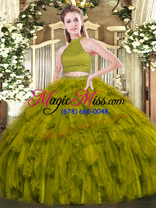 wholesale halter top sleeveless vestidos de quinceanera floor length beading and ruffles olive green organza