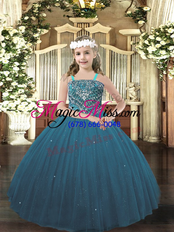 wholesale perfect teal tulle lace up pageant gowns for girls sleeveless floor length beading