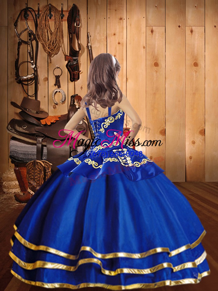 wholesale glorious royal blue straps lace up beading and embroidery and ruffled layers little girls pageant dress sleeveless