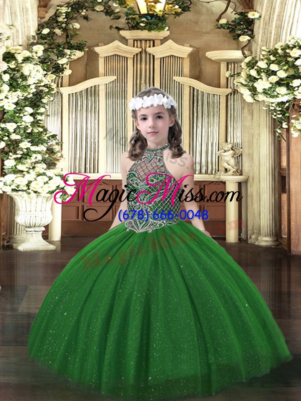 wholesale dark green tulle lace up halter top sleeveless floor length girls pageant dresses beading
