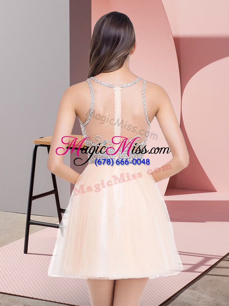 wholesale peach tulle zipper evening dress sleeveless mini length beading