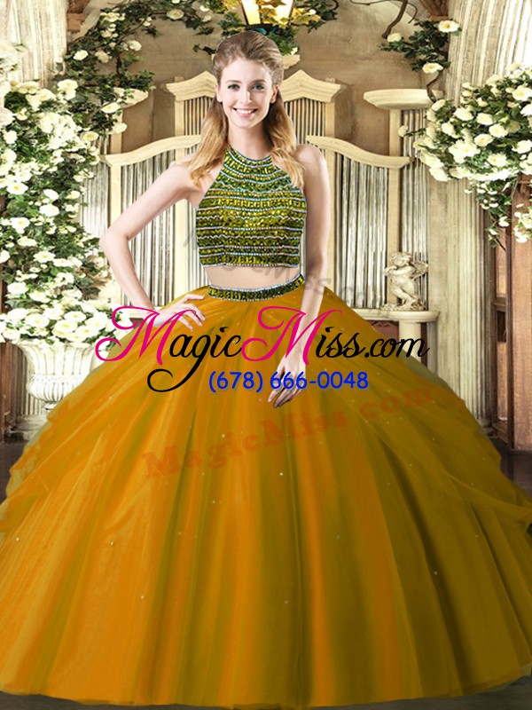 wholesale sleeveless tulle floor length zipper 15 quinceanera dress in brown with beading