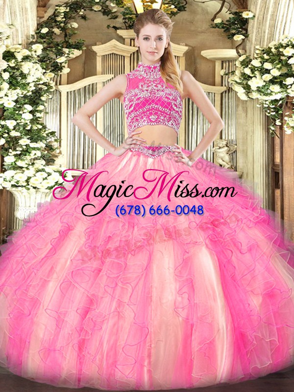 wholesale fantastic floor length watermelon red and rose pink ball gown prom dress high-neck sleeveless backless