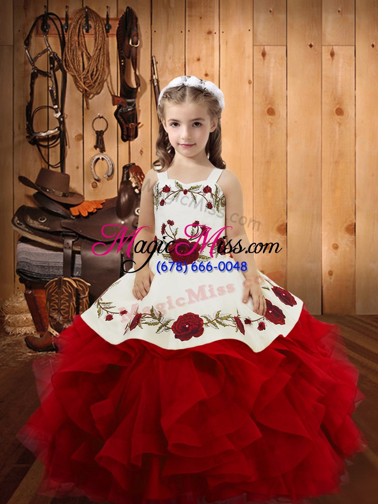 wholesale low price ball gowns little girl pageant gowns wine red straps satin and tulle sleeveless floor length lace up