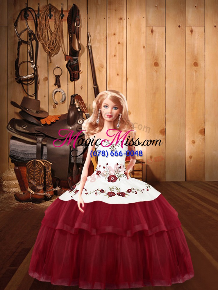 wholesale wine red halter top lace up embroidery and ruffled layers 15th birthday dress sleeveless