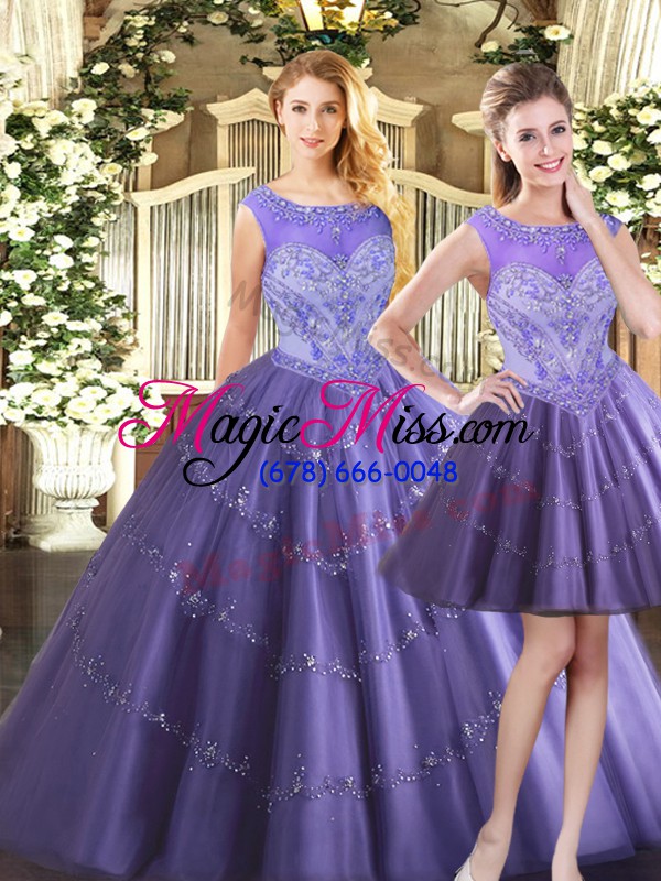 wholesale cute scoop sleeveless quince ball gowns floor length beading lavender tulle