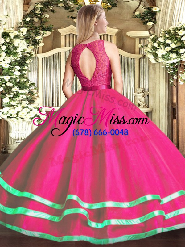 wholesale decent fuchsia ball gowns tulle scoop sleeveless lace floor length zipper sweet 16 quinceanera dress