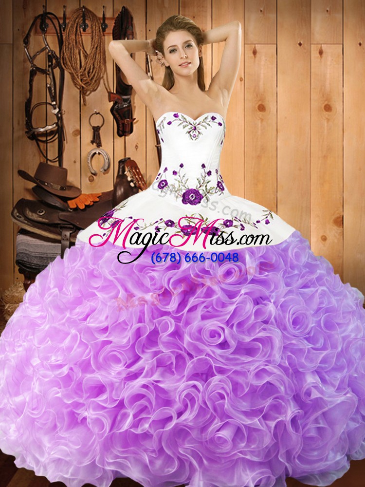 wholesale designer lilac ball gowns fabric with rolling flowers halter top sleeveless embroidery floor length lace up vestidos de quinceanera