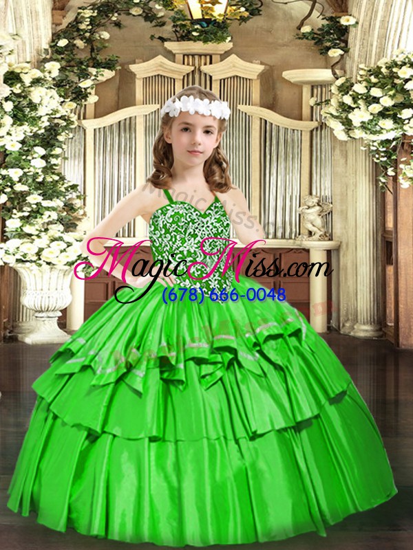 wholesale unique green lace up kids pageant dress beading and ruffled layers sleeveless floor length