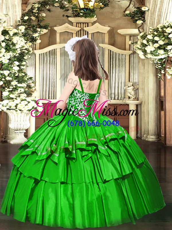 wholesale unique green lace up kids pageant dress beading and ruffled layers sleeveless floor length