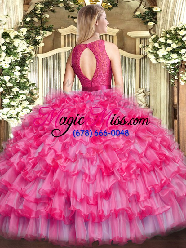 wholesale beauteous organza scoop sleeveless zipper lace and ruffled layers quince ball gowns in hot pink