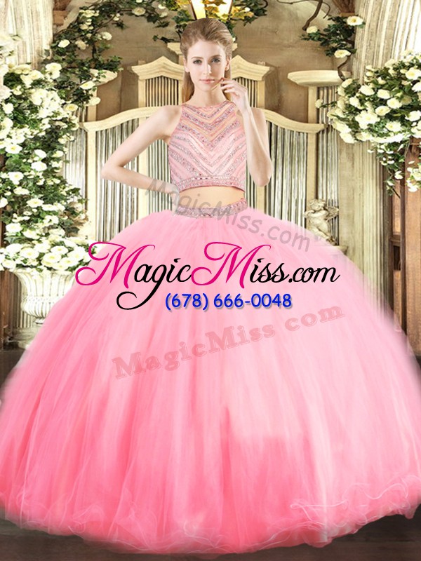wholesale glorious baby pink two pieces tulle scoop sleeveless beading floor length zipper sweet 16 dress