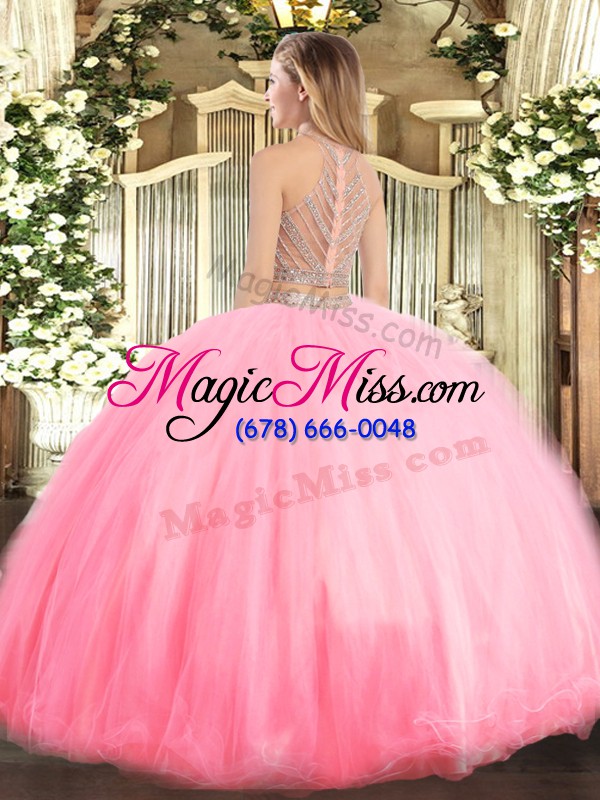 wholesale glorious baby pink two pieces tulle scoop sleeveless beading floor length zipper sweet 16 dress