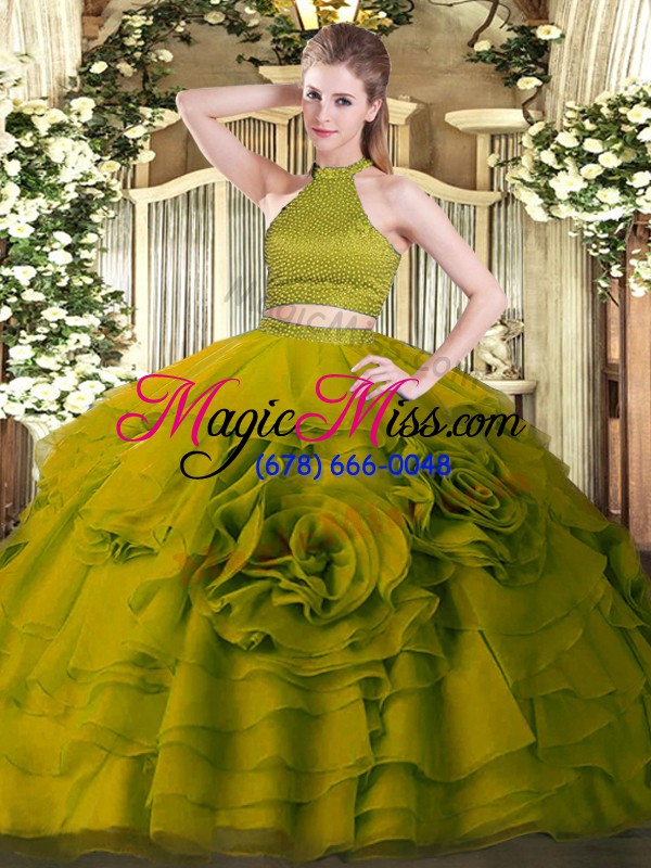 wholesale sweet olive green two pieces beading and ruffles sweet 16 quinceanera dress backless tulle sleeveless floor length