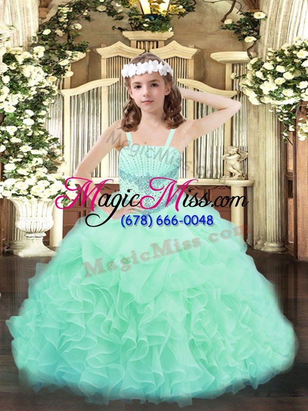 wholesale apple green organza lace up straps sleeveless floor length girls pageant dresses beading and ruffles and pick ups
