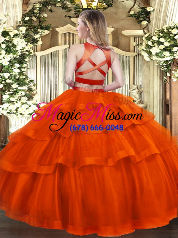 wholesale rust red criss cross ball gown prom dress ruffled layers sleeveless floor length
