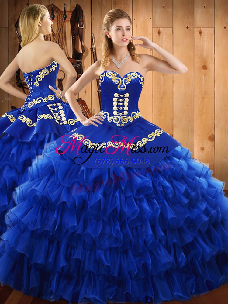 wholesale embroidery and ruffled layers ball gown prom dress blue lace up sleeveless floor length
