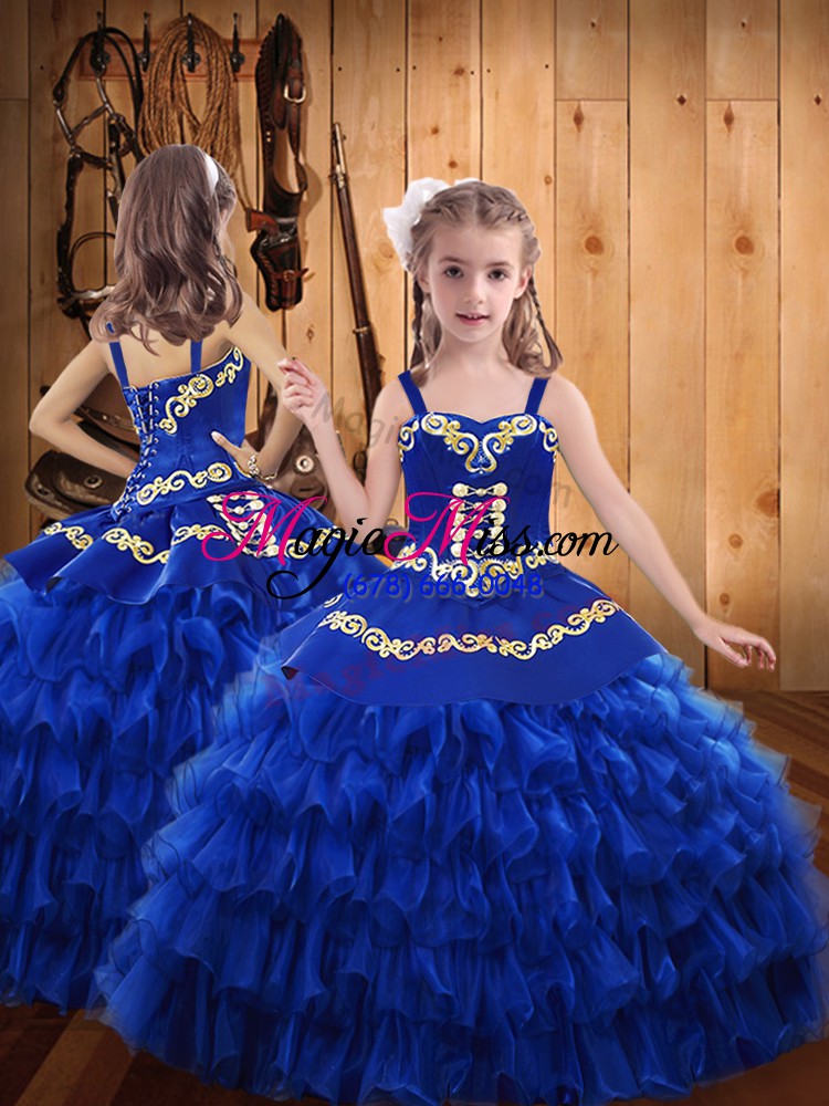 wholesale embroidery and ruffled layers ball gown prom dress blue lace up sleeveless floor length