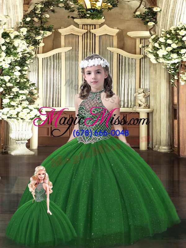 wholesale fitting dark green ball gowns tulle halter top sleeveless beading floor length lace up vestidos de quinceanera
