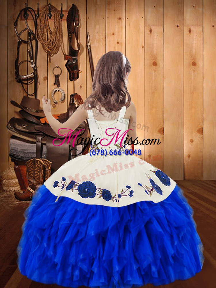 wholesale customized organza lace up straps sleeveless floor length kids pageant dress embroidery and ruffles