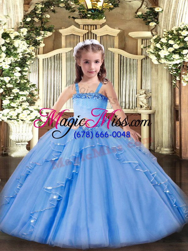 wholesale customized baby blue ball gowns organza straps sleeveless appliques and ruffles floor length lace up pageant dress for girls