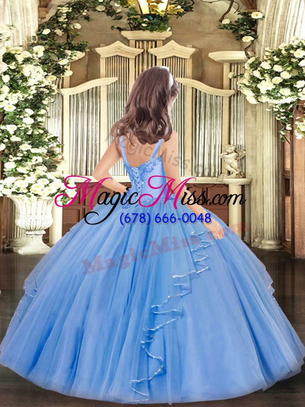 wholesale customized baby blue ball gowns organza straps sleeveless appliques and ruffles floor length lace up pageant dress for girls