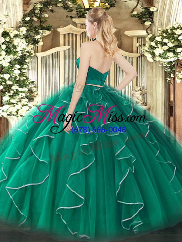 wholesale stylish dark green two pieces halter top sleeveless organza floor length zipper ruffles sweet 16 dresses