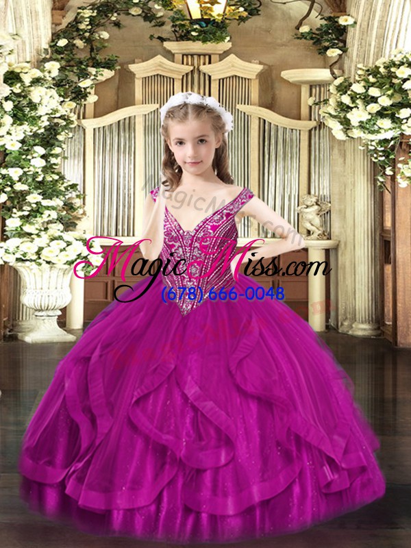 wholesale floor length lace up little girls pageant dress fuchsia for party and quinceanera with beading and ruffles