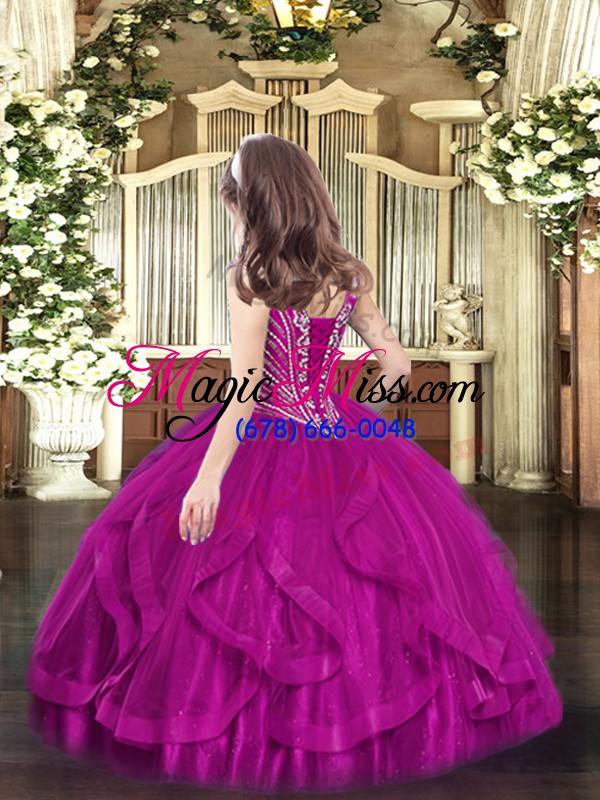 wholesale floor length lace up little girls pageant dress fuchsia for party and quinceanera with beading and ruffles