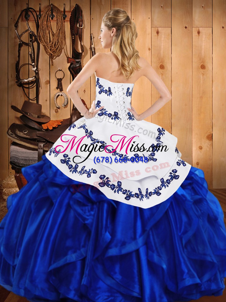 wholesale satin and organza sleeveless floor length quinceanera dresses and embroidery and ruffles