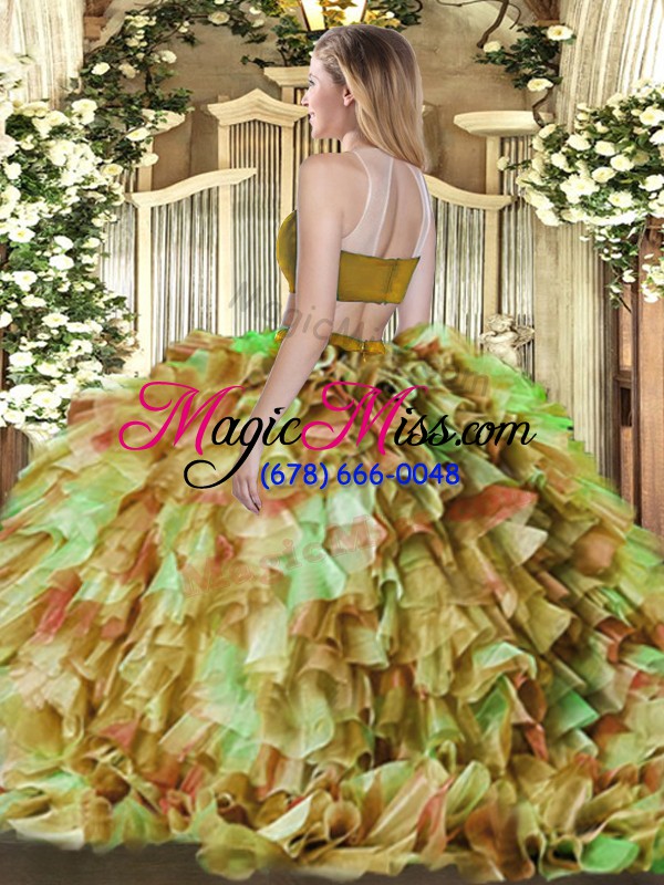 wholesale olive green two pieces beading and ruffles 15th birthday dress backless tulle sleeveless floor length