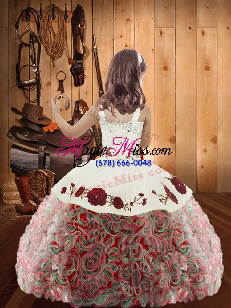 wholesale customized multi-color lace up girls pageant dresses embroidery and ruffles sleeveless floor length